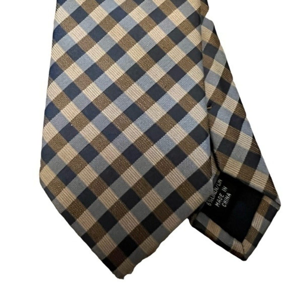 Joseph Abboud periwinkle blue and tan 100% silk checked / plaid tie, 3” wide